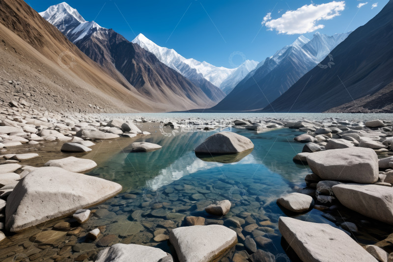 高清大图下载【趣麦麦图】山间清澈水域与远处雪山景观