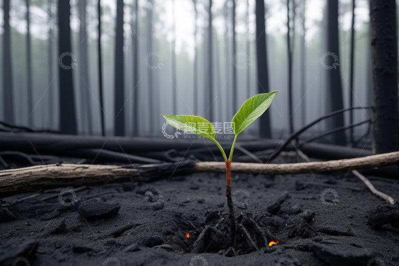 高清大图下载【趣麦麦图】灾后森林中新生的绿色幼苗