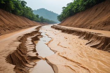 山间泥泞道路旁的湍急河流