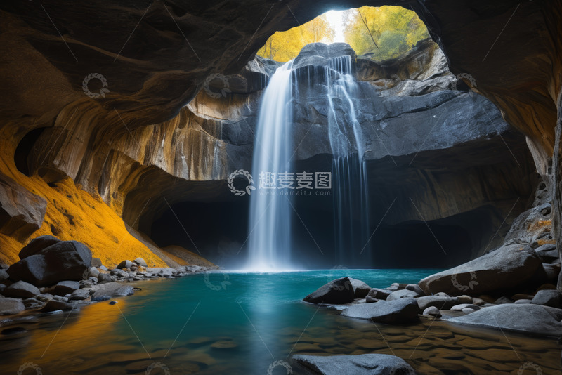 高清大图下载【趣麦麦图】洞穴内的瀑布自然景观