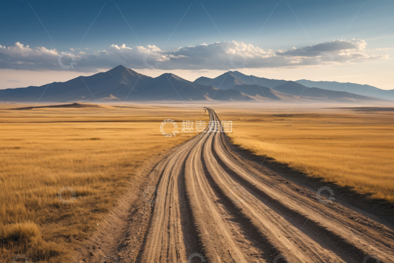 高清大图下载【趣麦麦图】旷野中延伸的土路与远山景观