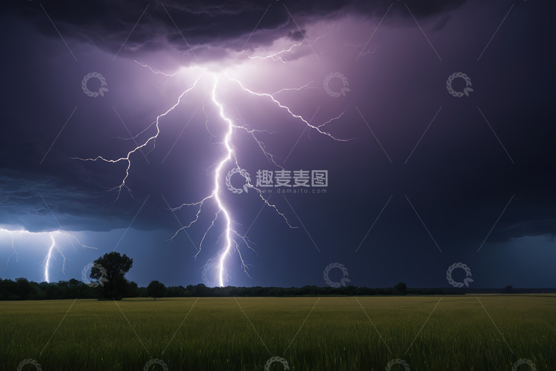 高清大图下载【趣麦麦图】田野上空的闪电风暴景象