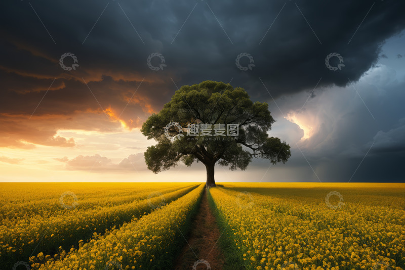 高清大图下载【趣麦麦图】田野中大树与阴沉天空景象