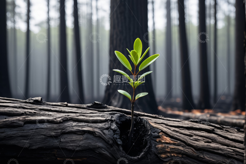 高清大图下载【趣麦麦图】烧焦木头上生长的嫩绿植物