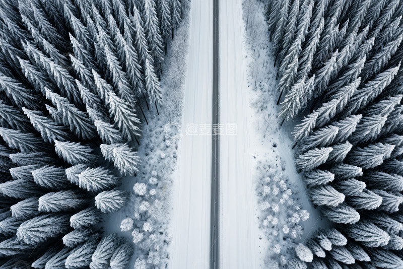 高清大图下载【趣麦麦图】航拍冬季雪覆森林中的道路