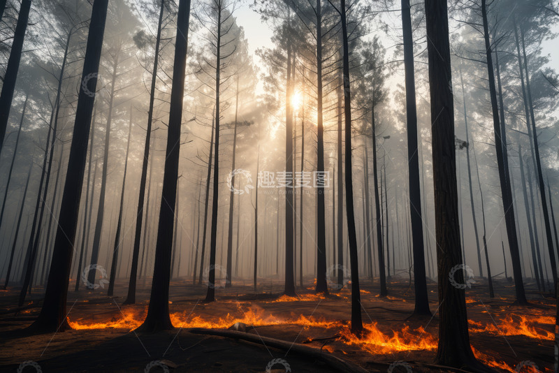 高清大图下载【趣麦麦图】森林火灾现场日光下景象