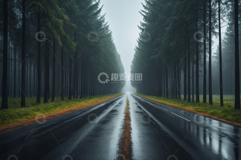 高清大图下载【趣麦麦图】雨中森林中的湿滑道路