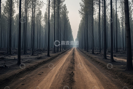 林间土路两旁笔直树林景象
