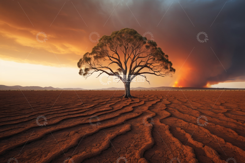 高清大图下载【趣麦麦图】荒原中孤树与黄昏天空景观