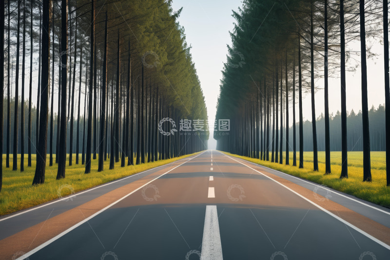 高清大图下载【趣麦麦图】林间笔直延伸的公路景象