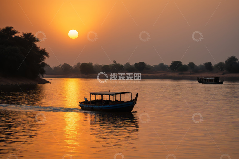 高清大图下载【趣麦麦图】河上小船夕阳美景