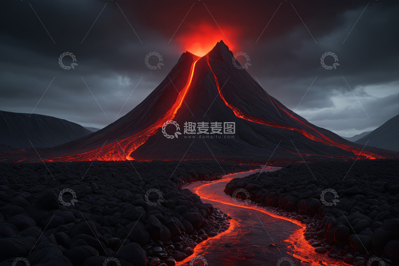火山喷发熔岩流淌景观