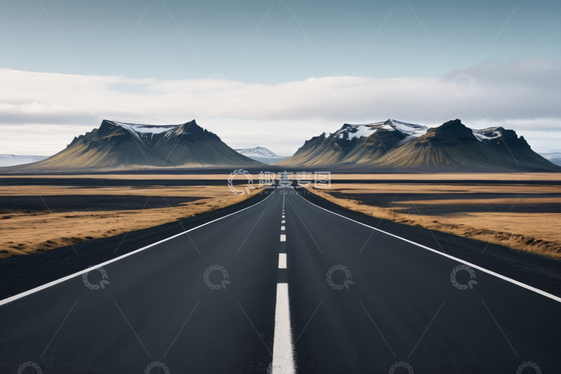 高清大图下载【趣麦麦图】旷野中延伸向雪山的公路