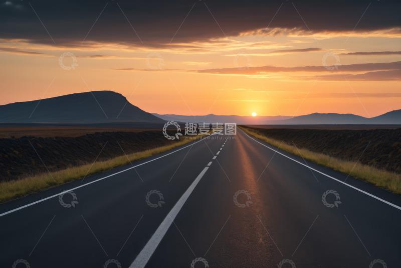 高清大图下载【趣麦麦图】夕阳下延伸的旷野公路