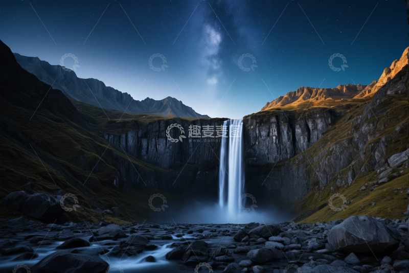 高清大图下载【趣麦麦图】夜晚山间瀑布自然景观