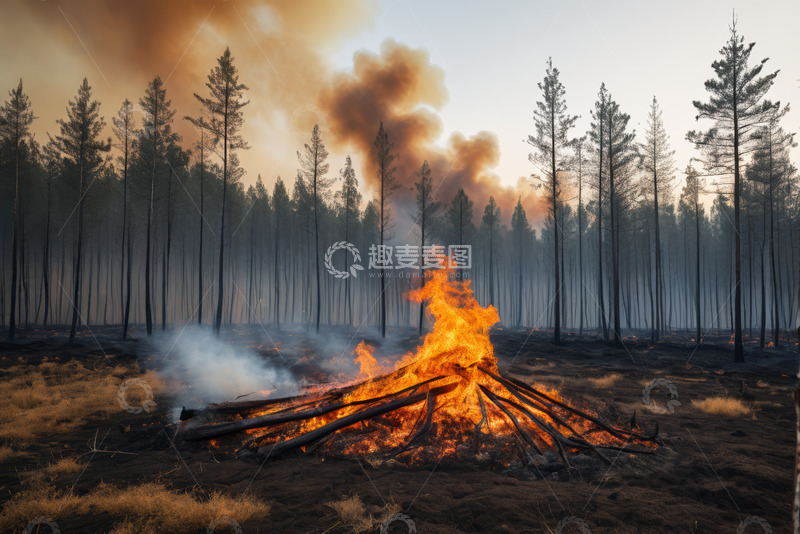 高清大图下载【趣麦麦图】森林中燃烧的篝火场景
