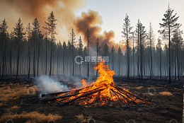 森林中燃烧的篝火场景