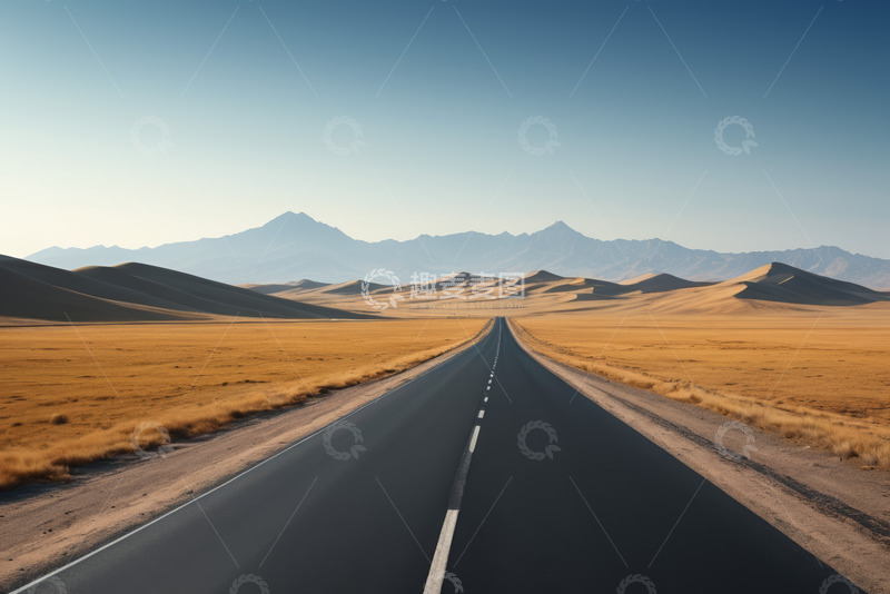 高清大图下载【趣麦麦图】沙漠中延伸的公路与远山景观