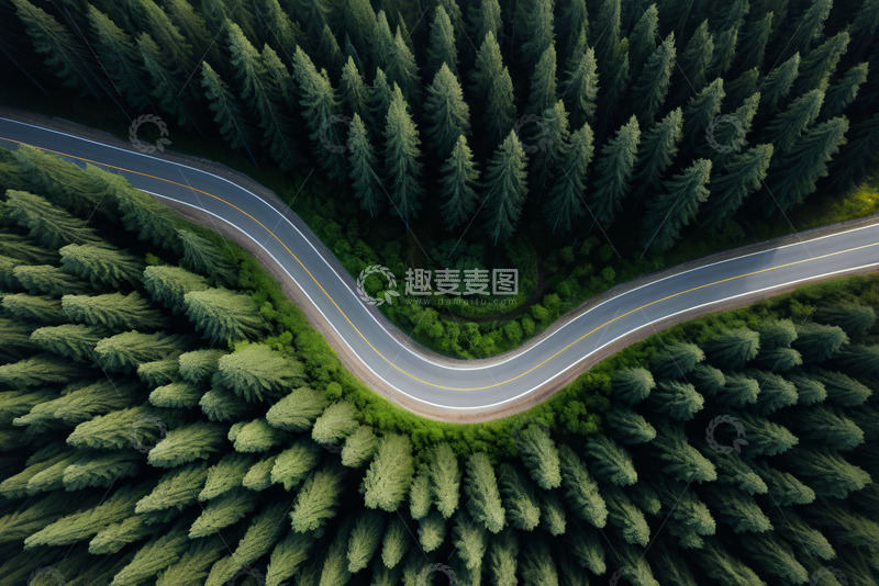 高清大图下载【趣麦麦图】森林中蜿蜒公路航拍景象