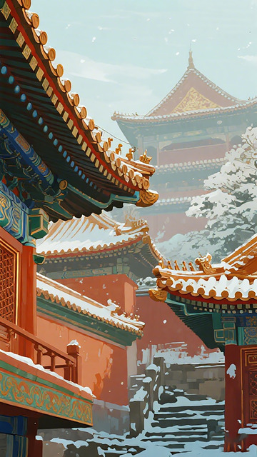 古风雪景宫殿建筑插画