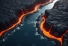 火山熔岩流入海洋场景
