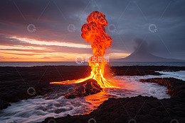 火山熔岩喷发至海面场景