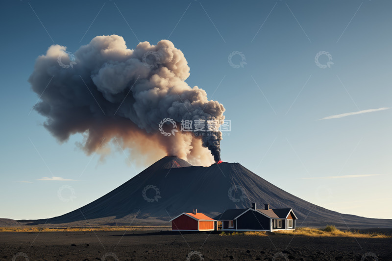 高清大图下载【趣麦麦图】火山喷发下的乡村房屋景象