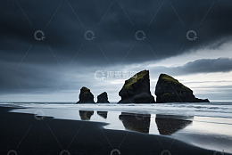 海滩黑色沙滩与海中岩石景观