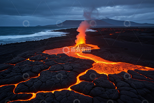 海边喷发的火山与流动熔岩