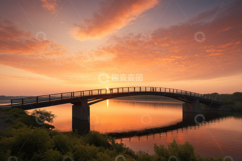 高清大图下载【趣麦麦图】夕阳下湖面桥梁风景