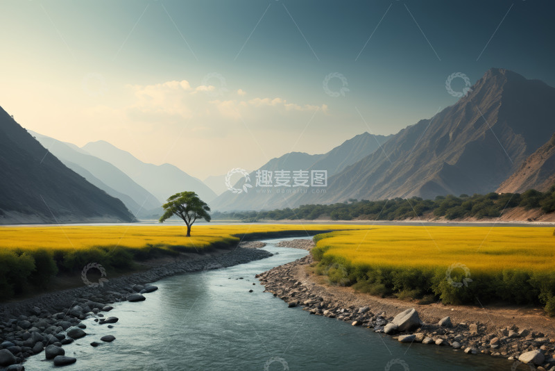 高清大图下载【趣麦麦图】山间河流旁的金黄田野与孤树