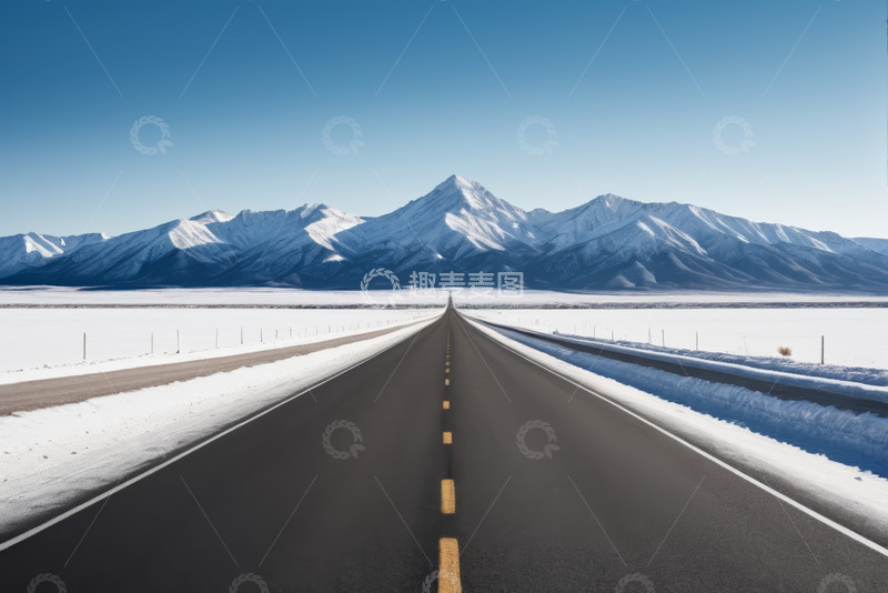 高清大图下载【趣麦麦图】雪山下的开阔公路景观