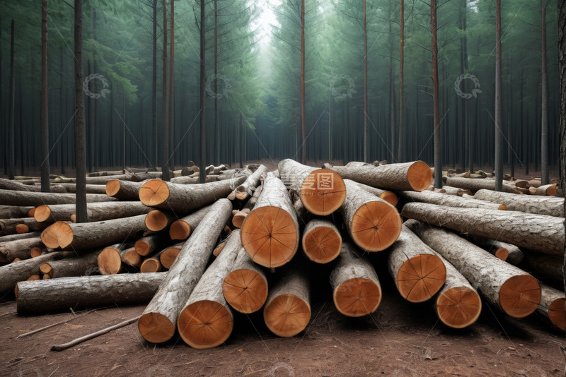 高清大图下载【趣麦麦图】森林中堆放的原木场景