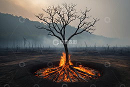燃烧枯树的荒野自然景象