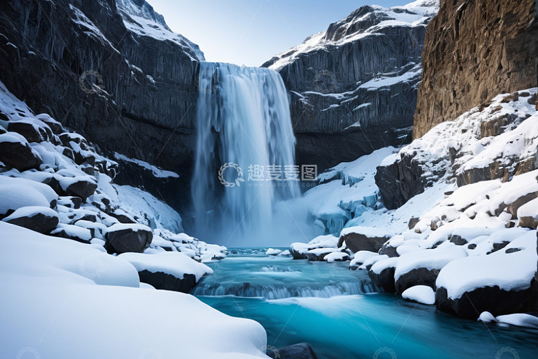 冰岛雪景中的瀑布自然景观