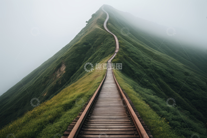 高清大图下载【趣麦麦图】山间云雾中蜿蜒的木质步道