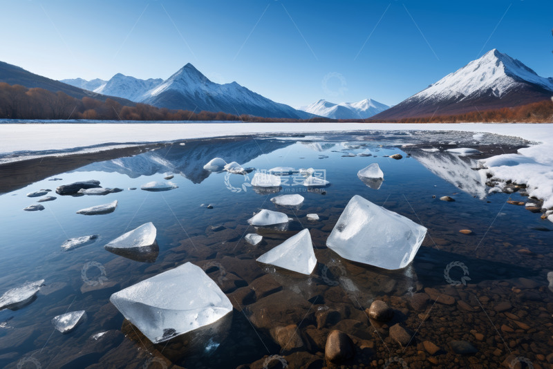 高清大图下载【趣麦麦图】雪山下湖面漂浮的冰块景观