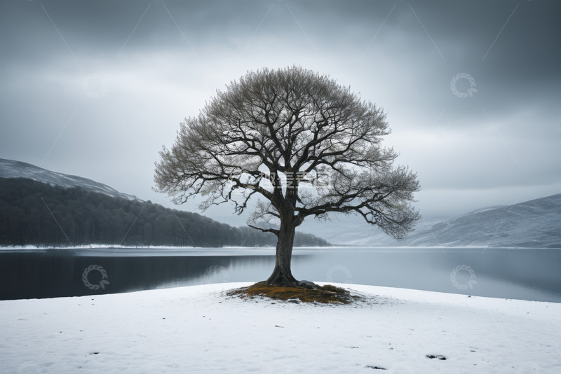 高清大图下载【趣麦麦图】雪后湖畔孤树自然景观