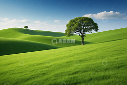 绿色草原上的单棵树木景观