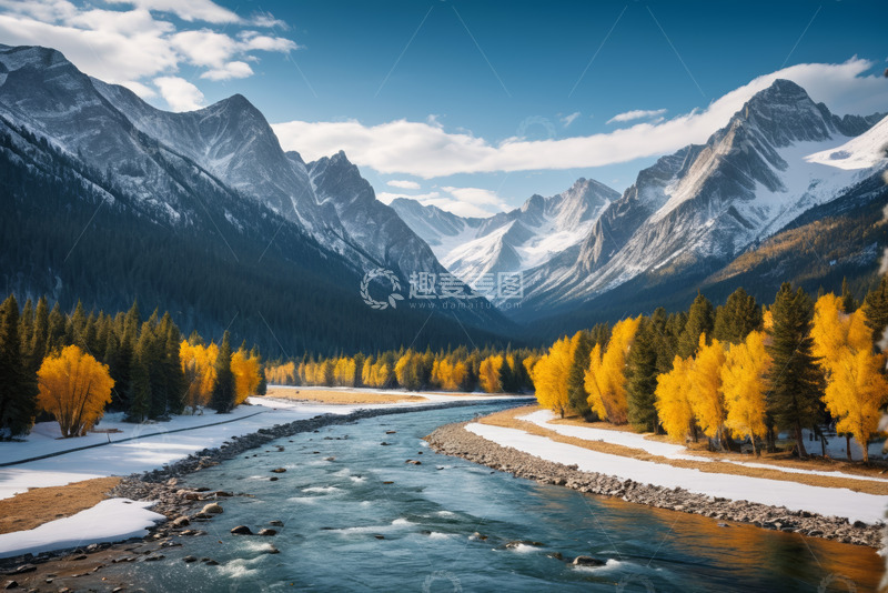 高清大图下载【趣麦麦图】雪山下河流旁的金黄树林景观