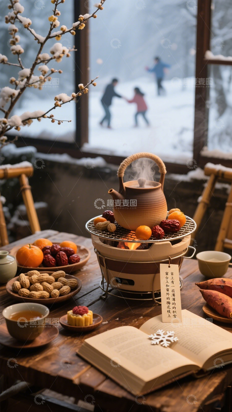 高清大图下载【趣麦麦图】冬日围炉煮茶温馨场景