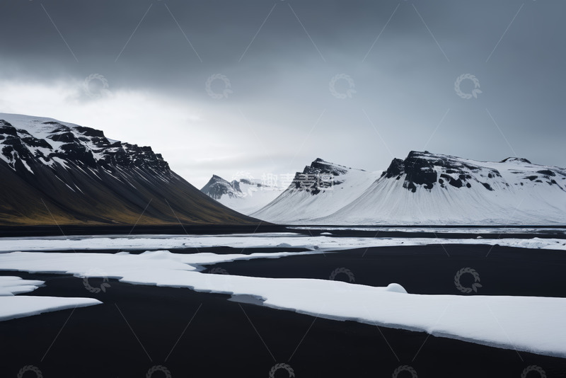 高清大图下载【趣麦麦图】冰岛雪山与黑色冰原景观