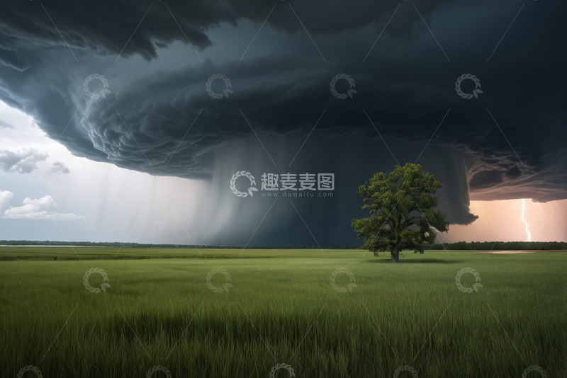 高清大图下载【趣麦麦图】草原上雷暴天气下的孤树景观