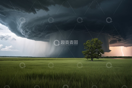 草原上雷暴天气下的孤树景观