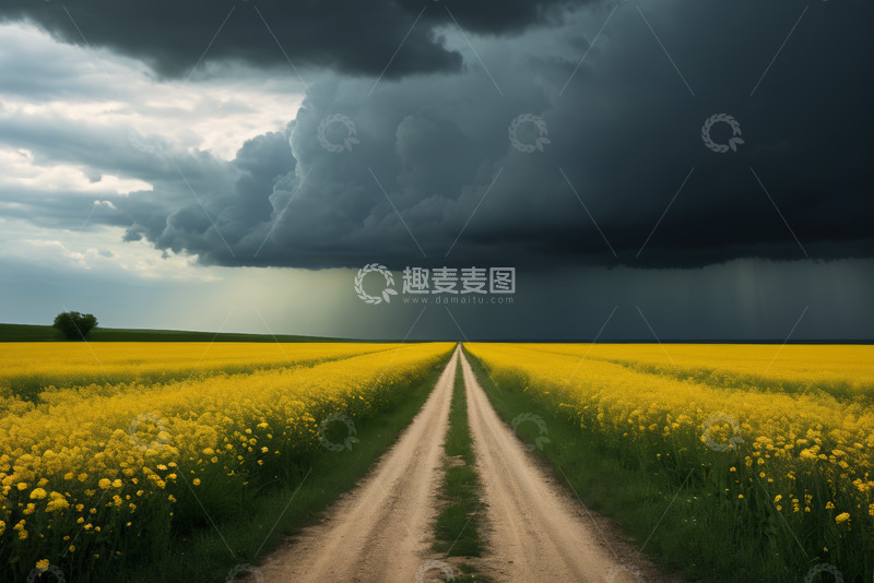 高清大图下载【趣麦麦图】田野间乌云笼罩的乡间小路