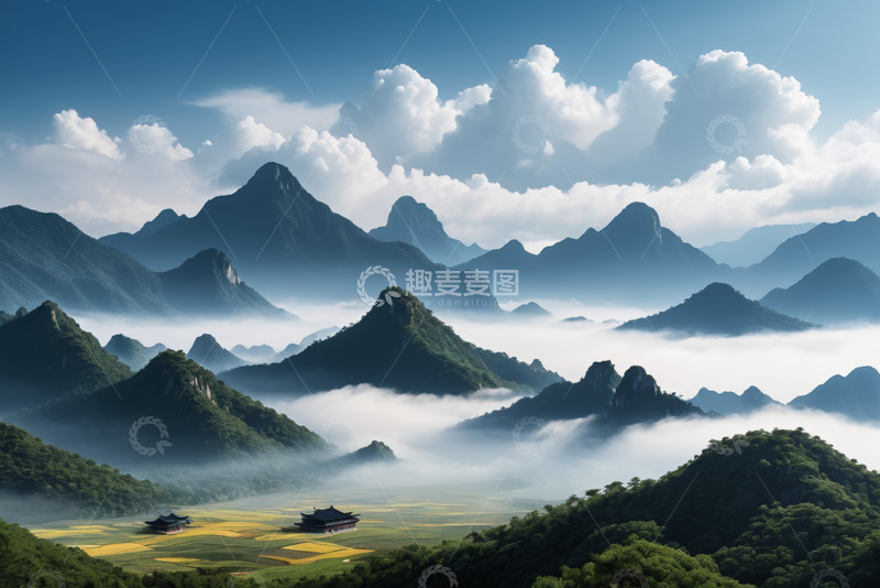 高清大图下载【趣麦麦图】山峦云海间的中式建筑风景