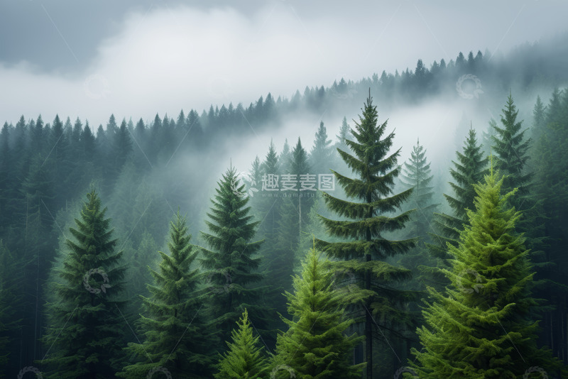 高清大图下载【趣麦麦图】云雾缭绕的茂密森林景观