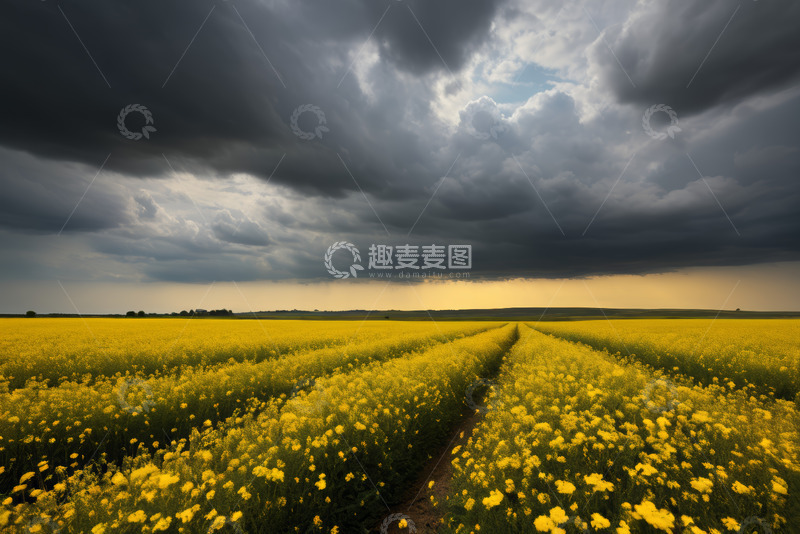 高清大图下载【趣麦麦图】黄色田园花海乌云密布景象