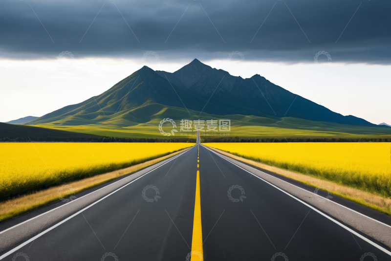 高清大图下载【趣麦麦图】公路穿行于黄色花田与远山间
