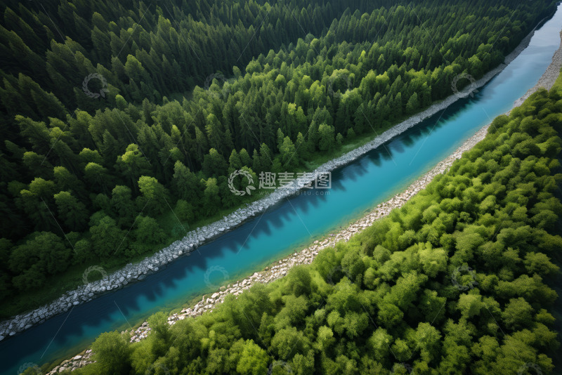 高清大图下载【趣麦麦图】森林河流鸟瞰全景